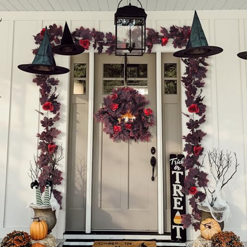 Fall Leaves Garland with Burgundy Maple & Black Rose Accents - 11.4ft Decorative Vine