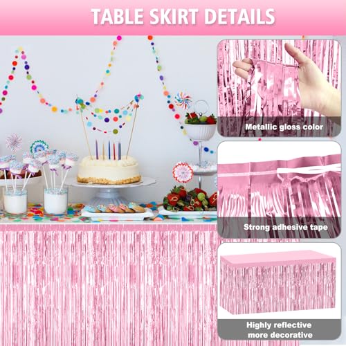 Pink Foil Tinsel Fringe Table Skirt - 6 Pack, 29.5x108 Inches, Disposable for Parties