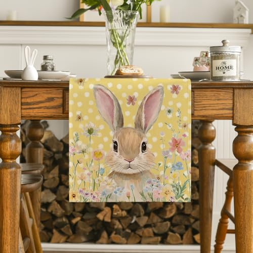 Yellow Bunny Rabbit Floral Polka Dot Easter Table Runner 13x90 Inch - Spring Kitchen Decor