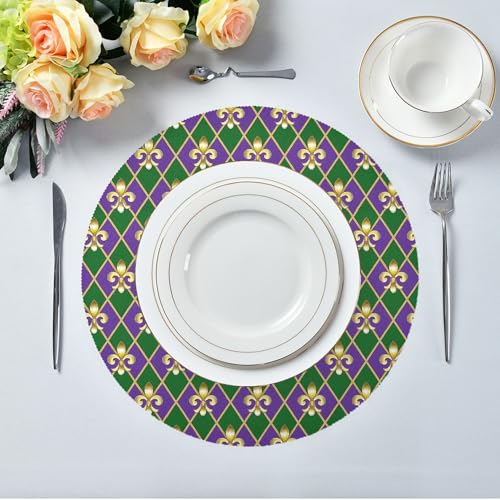 Mardi Gras Placemats Set of 6 - Gold, Green, Purple Fleur de Lis Table Mats 12x18"