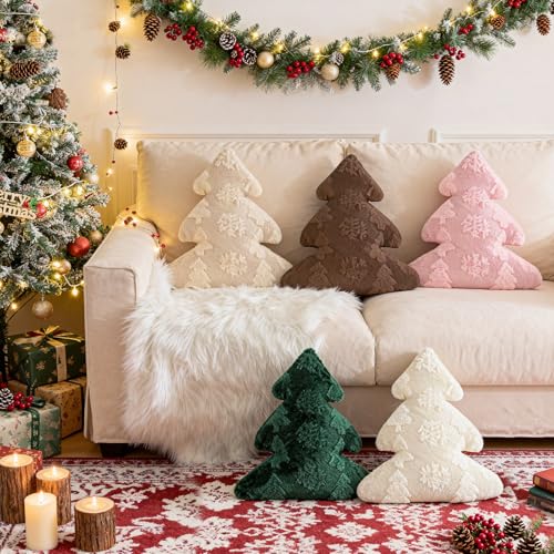 Christmas Tree Pillows Set of 2 - Snowflake & Tree Holiday Decor 16x18 Inch Pink