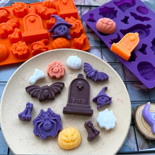 Halloween Candy Molds 2Pcs Silicone Pumpkin Skull Bat Witch Hat Gummy Cake Pop
