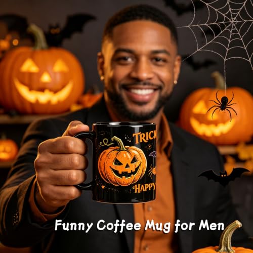 Halloween Coffee Mug - Trick or Treat Ghost Skeleton Bat Web - 11oz Black