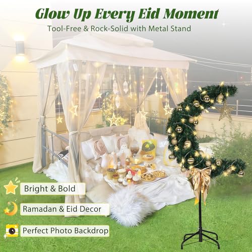 3 FT Eid Ramadan Moon Tree with LED Star String - Green Islamic Garden & Indoor Decor