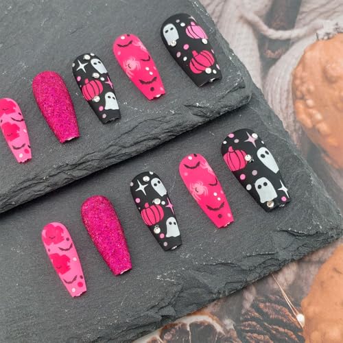 Halloween Press On Nails Medium Coffin Fake Nails with 3D Rhinestones and Spiders - Variation of Halloween Nails-5