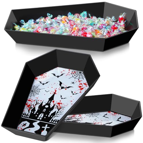 Halloween Gothic Coffin Shaped Candy Bowl Set - Black Plastic 2-Pack with Blood & Bat Prints - Castle Variation
