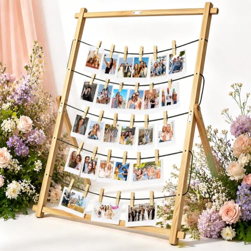 Wood Photo Display Board with Clips - Freestanding Collage Frame for Wedding Graduation Holiday