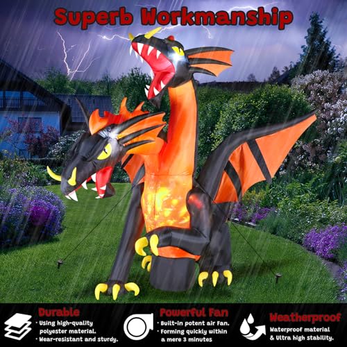 Giant Halloween Inflatable Double Headed Dragon - 9.5 FT Outdoor Yard Decoration with LED Lights