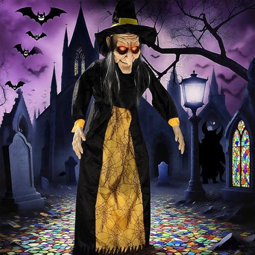 67-Inch Halloween Hanging Witch with Light-Up Eyes & Sound Activation - Outdoor Indoor Decor Yard Garden Black