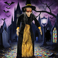 67-Inch Halloween Hanging Witch with Light-Up Eyes & Sound Activation - Outdoor Indoor Decor Yard Garden Black