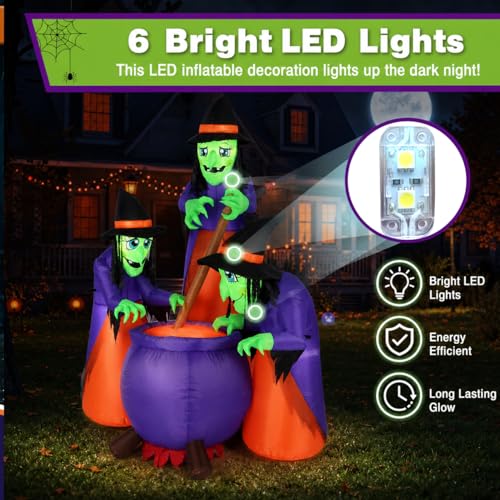 6 FT Halloween Inflatable with LED Lights, Witches & Cauldron Yard Decor