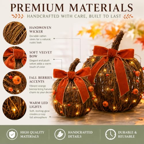 Lighted Fall Pumpkin Decor Set - Rattan Pumpkins with Velvet Bows, 2 Pack