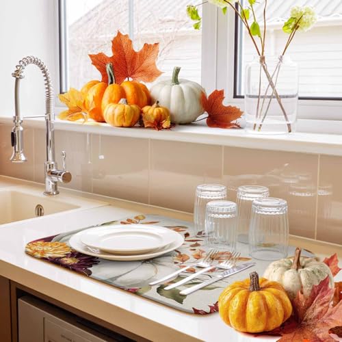 Fall Dish Drying Mat White Pumpkin Red Orange 18x24 Inch Thanksgiving Kitchen Decor