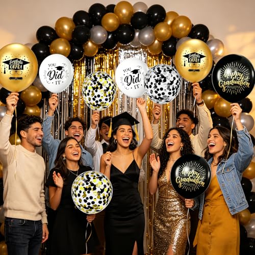 Printed Graduation Balloons 61pcs Black Gold Silver Confetti Latex Party Decorations