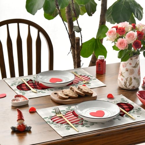 Rectangular Buffalo Plaid Eucalyptus Hearts Valentine Placemats Set of 4 - 12x18 Inch Holiday Table Decor