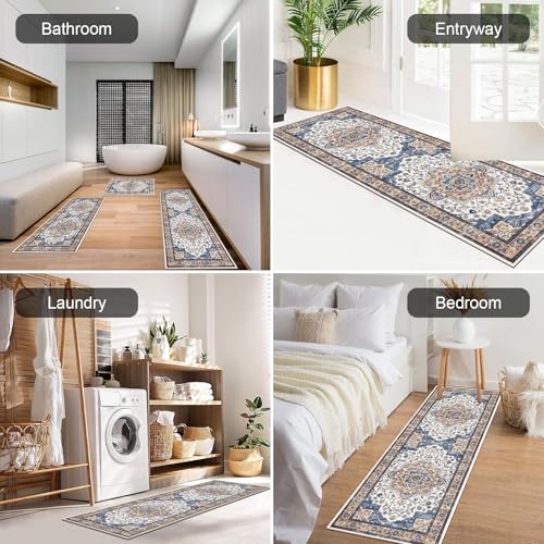 Boho Kitchen Rugs Set of 3 with Runner - Blue/Orange, Non Slip Washable Floor Mats