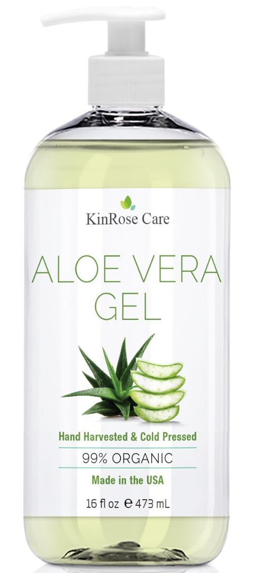 KinRose Care, 16oz Organic Aloe Vera Gel for Face, Skin, Hair & Sunburn Relief - From 100 Percent Pure Aloe Vera - Cold Pressed, Vegan, Unscented - Made in USA.