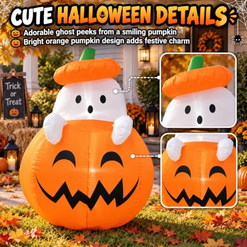 Inflatable Ghost Pumpkin Halloween Yard Decoration - 4ft Outdoor Blow Up Decor - Pumpkin Ghost Variation