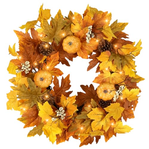 Orange Fall Wreath with Lights for Front Door - Autumn Decor, Berries & Pine Cones