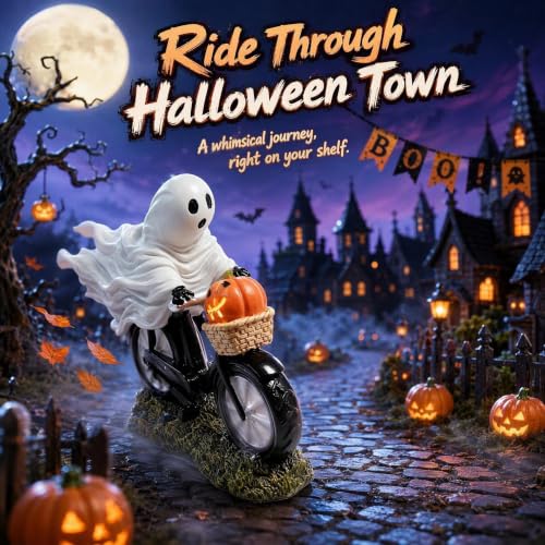 Halloween Ghost Riding Bicycle Figurine with Pumpkin - Table Decor, Party Centerpiece, Seasonal Home Accent - Variation of Bicycle
