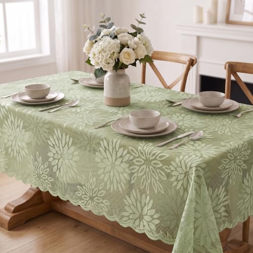 Green Lace Dahlia Tablecloth 60x84 Inch Rectangular - Durable Polyester Home Decor