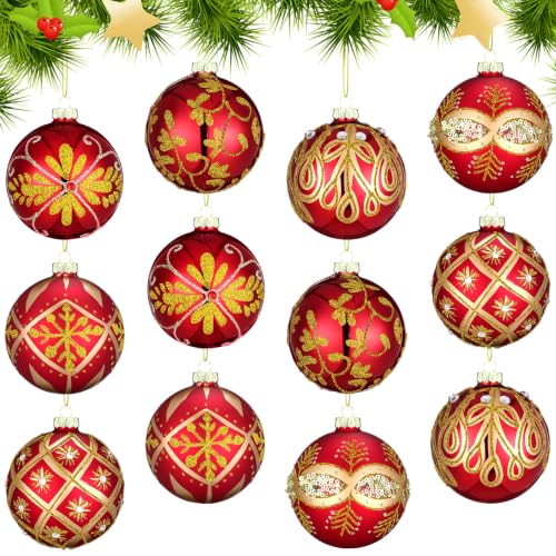 Luxury Glass Christmas Ornaments Set - Red & Gold, 2.36 Inch, 12 Pieces