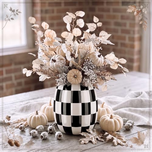 Black and White Checkered Ceramic Pumpkin Vase - 6.7 Inch Fall Decor