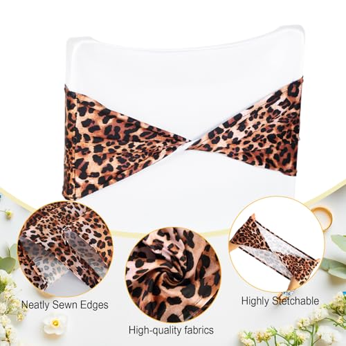 Leopard Print Chair Sash Set with 6 Table Runners - Brown Elastic Band & 14x108 Inch Decor