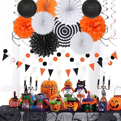 Black White Orange Halloween Party Decorations Kit - 33 Pcs Banners, Lanterns & Streamers