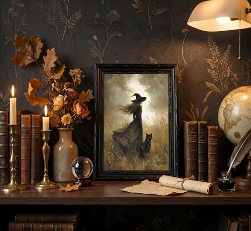 Halloween Witch and Black Cat Canvas Wall Art - 11x9 Inches, Framed, Spooky Home Decor
