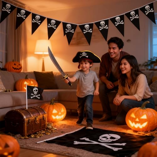 Pirate Day Party Flag Set with Skull Banner and Handheld Flags - Indoor Outdoor Decor