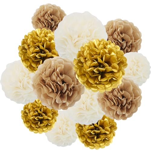 White Gold Tissue Hanging Paper Flower Ball Decorations Set - 13 Packs for Party & Events