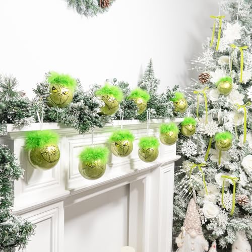 12Pcs Christmas Tree Ornaments Bulk - 3.15 Inch Lime Green Balls with Festive Designs