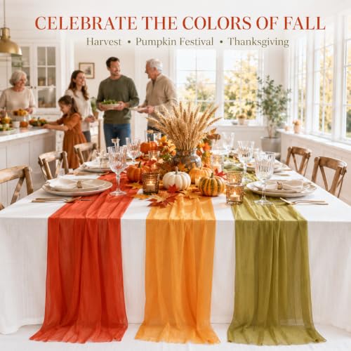 Fall Decor Chiffon Table Runner Set - Orange, Green & Terracotta, 6PCS with Variation Orange Green Terracotta
