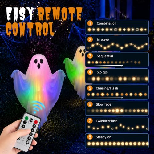 3 Pack Halloween Ghost Stake Pathway Lights Colorful Glowing Ghost Decor - Remote & Timer