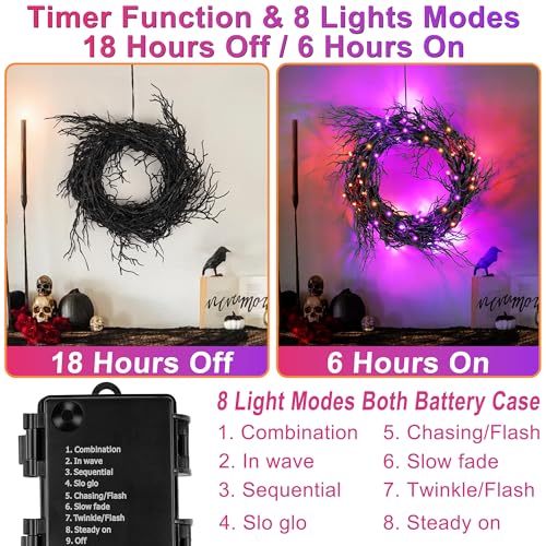 Lighted Halloween Garland with Orange & Purple LEDs - 9 Ft Battery Operated Decor with 8 Modes & Timer