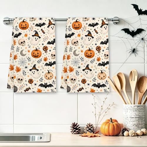 Halloween Kitchen Towels Set - Spooky Cream Dish Hand Towels, 2 Pack, Variation Towel37