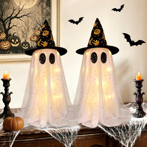 Halloween Ghost Decorations Set B - 2 Lighted 21.7 Inch Spooky Tabletop Decor with Witch Hats