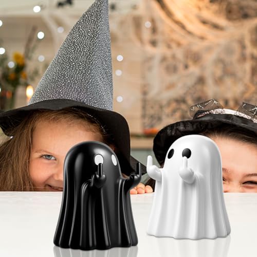 Halloween Ghost Figurine Decor Set - Black and White Resin Mini Statues for Indoor Display