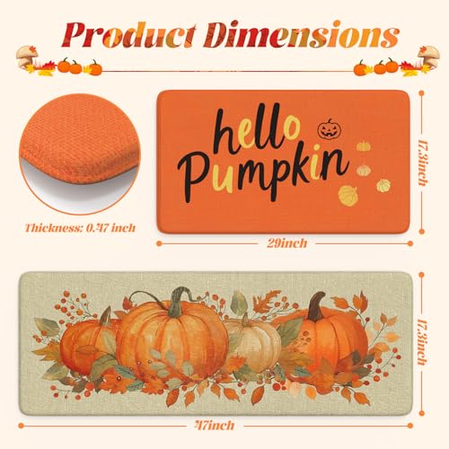 Fall Pumpkin Anti-Fatigue Kitchen Mats Set - Non Slip Cushioned Rugs 17.3x47 & 17.3x29 Inches, Orange