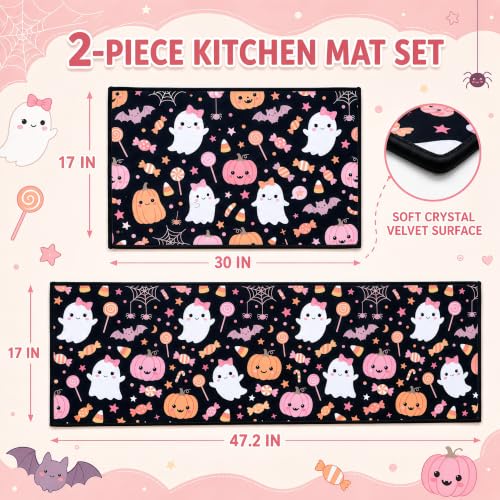 Pink Halloween Kitchen Mat Set of 2 Non Slip Ghost & Candy Rugs - Pink Ghost Candy