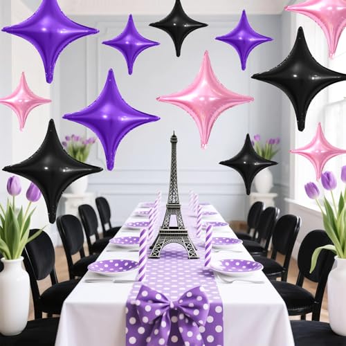 Black Purple Pink Star Balloons Set - 12 Pcs Foil Party Decorations with Variations