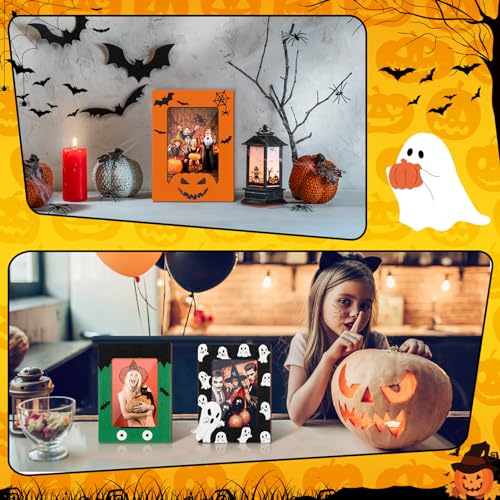 Halloween Picture Frame Set - 3 Wooden 4x6 Inch Frames with Fall & Bat Designs