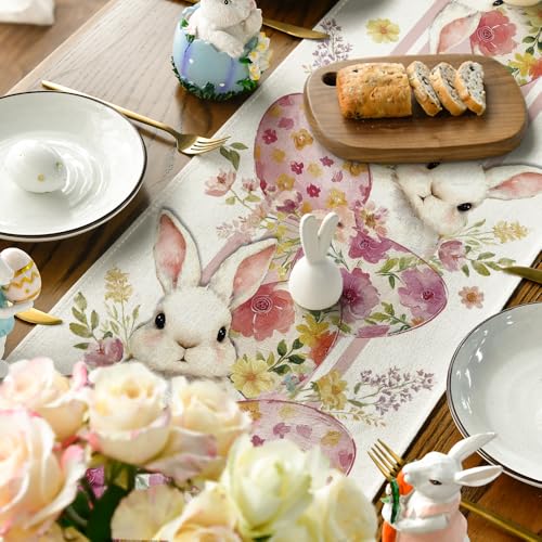 Easter Bunny Rabbit Table Runner 13x72 Inch Pink Seasonal Spring Floral Kitchen Decor