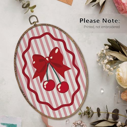 Preppy Red Cherry Bow Wall Art Decor - Oval Canvas, 11.4 x 8.6 inches