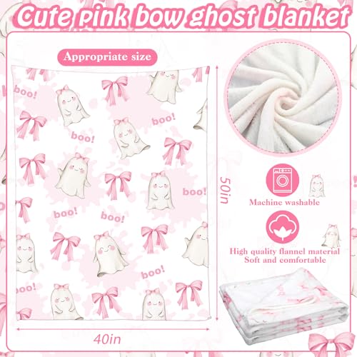 Halloween Ghost Gift Set with Pink Bow Glass Cup Blanket & Keychain - For Women