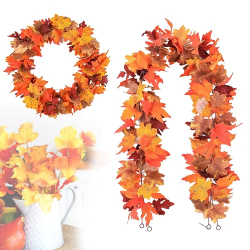 Fall Garland Artificial Maple Leaves 2-Pack Orange 5.9Ft for Festival Decor