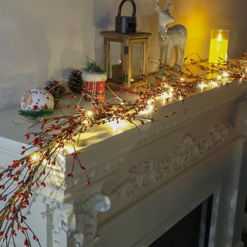 6FT Red Berry Garland with Lights - Style-2 Christmas Indoor Outdoor Decor