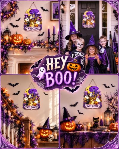 Halloween Wooden Wreath for Front Door - Purple Ghost Hanging Sign