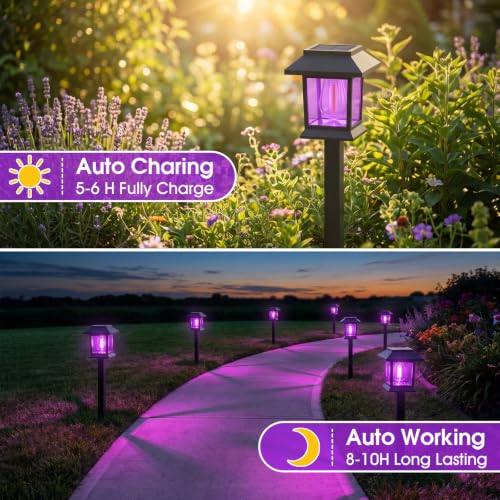 Purple Solar Pathway Lights 12 Pack Outdoor Waterproof Garden Decor - Auto On/Off